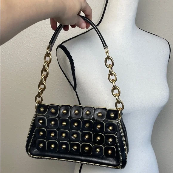 Leather Maxx New York Black and Gold chain Studded Shoulder Bag - Picture 7 of 17